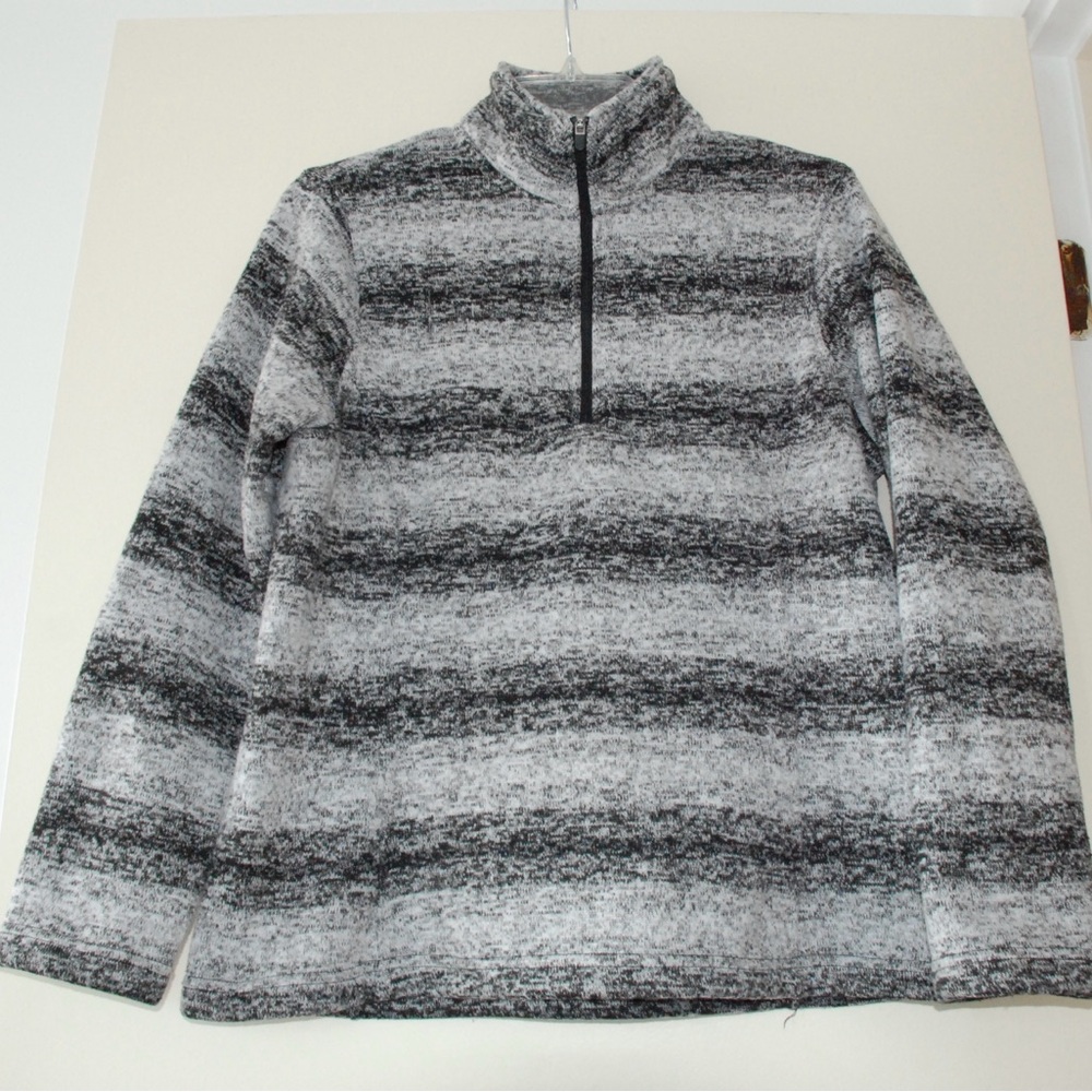 Lands End Women's Quarter Zip Fleece Pullover M Black White Heather Stripe EUC